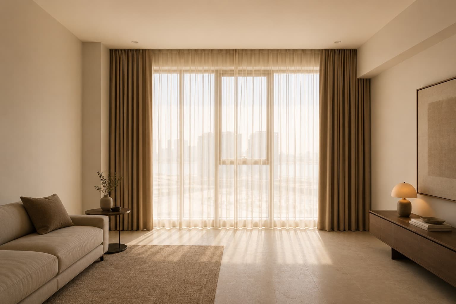 Room after fitting, curtains hung and folds dressed