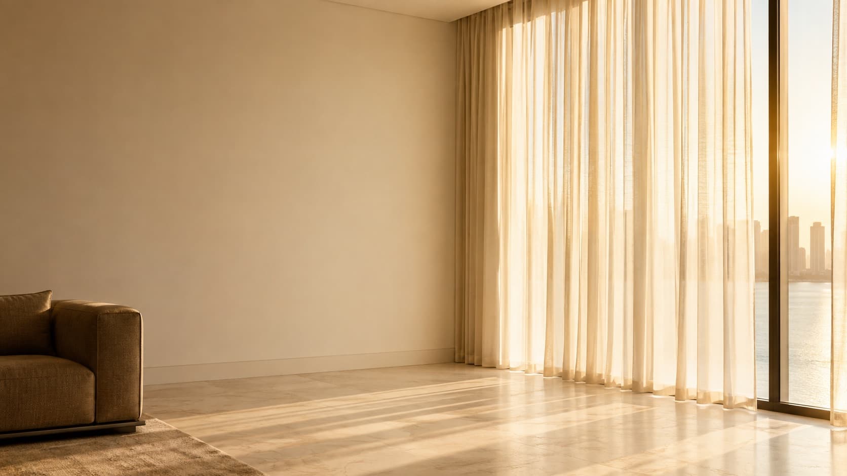 Sheer curtains filtering late-afternoon light across a living room, Abu Dhabi skyline beyond